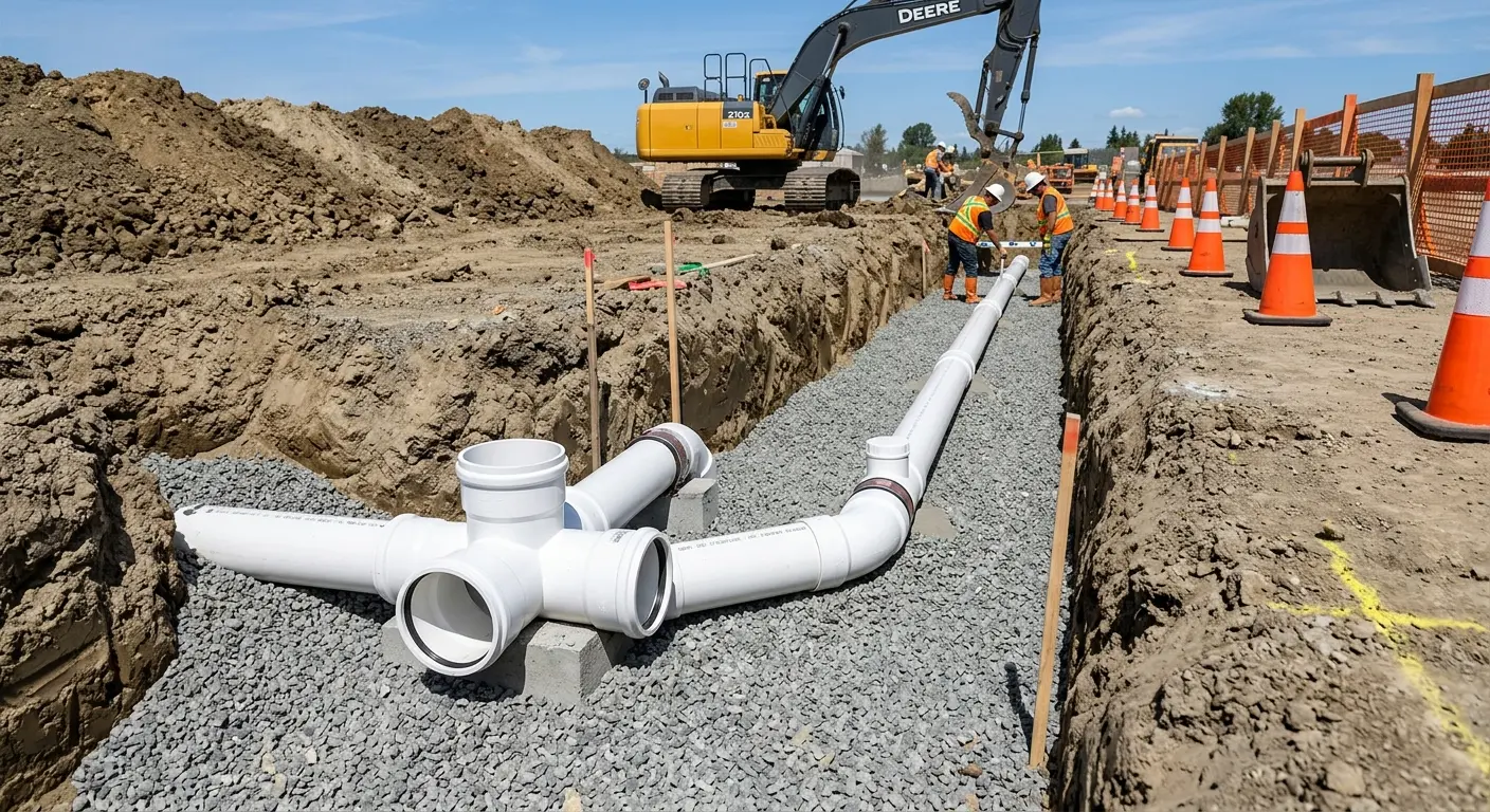 New PVC sewer pipe installation in open trench for Commercial Drain Cleaning in Big Stone Gap