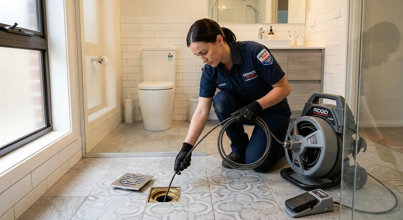 Technician clearing a bathroom floor drain for Drain Cleaning in Big Stone Gap